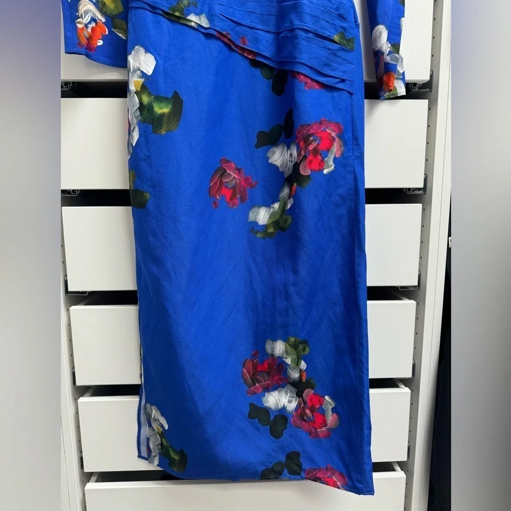 ZARA TRAF S/S 24 Hand Dyed Blue Floral Chinoserie Dress Draped Long Sleeve Sz M